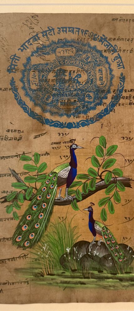 Zoom in eine handgemalte Zeichnung von einer Pfauenszenerie auf altem Stempelpapier