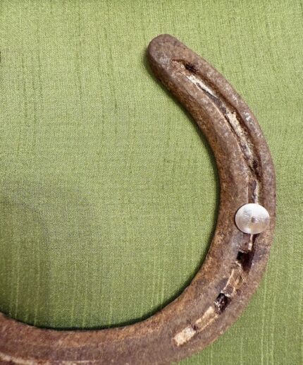 Zoom in ein Kunstwerk auf olivgrüner Seide mit einem antiken Hufeisen mittig platziert