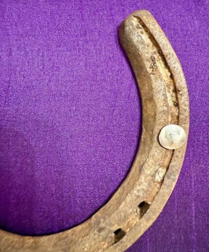 Zoom in ein Kunstwerk auf violetter Seide mit einem antiken Hufeisen mittig platziert