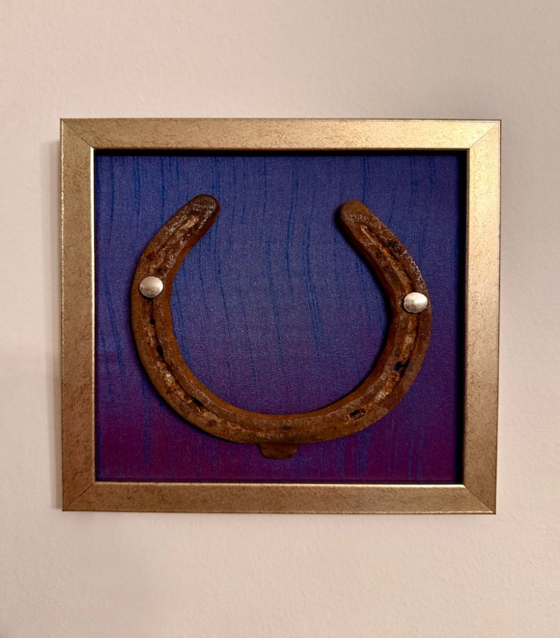 W013_1_v2 Frontalansicht eines Kunstwerk auf blauvioletter Seide mit einem antiken Hufeisen mittig platziert