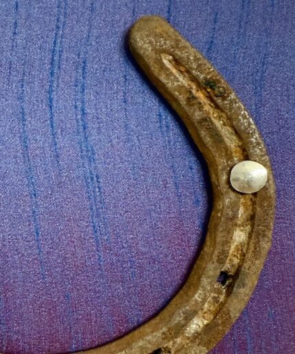 Zoom in ein Kunstwerk auf blauvioletter Seide mit einem antiken Hufeisen mittig platziert