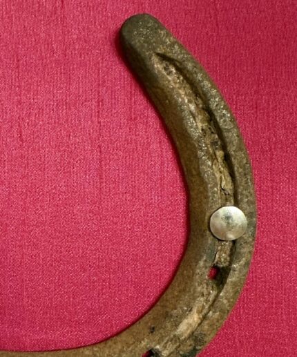 Zoom in ein Kunstwerk auf magentafarbener Seide mit einem antiken Hufeisen mittig platziert