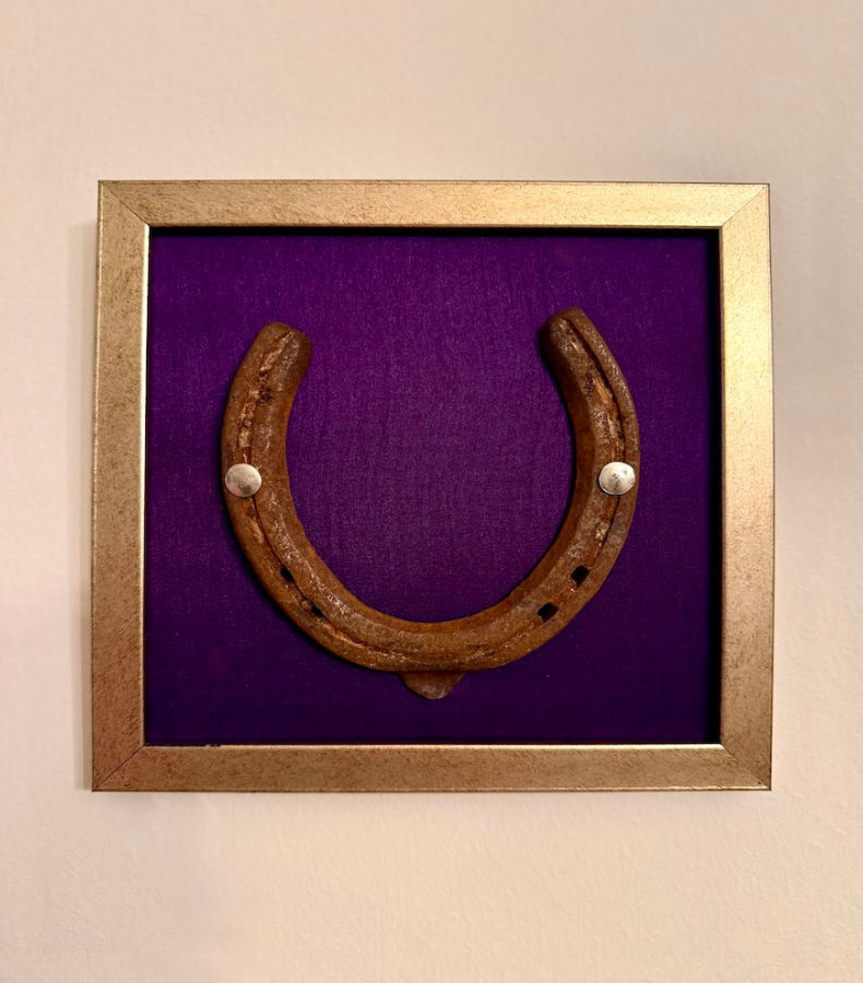 W020_1_v2 Frontalansicht auf ein Kunstwerk auf violetter Seide mit einem antiken Hufeisen mittig platziert